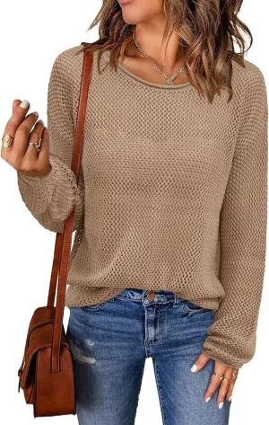 Arach&Cloz 2025 Womens Crochet Tops Wool Blended Sweaters Lightweight Long Sleeve Crew Neck Spring Fashion Knit Outfits