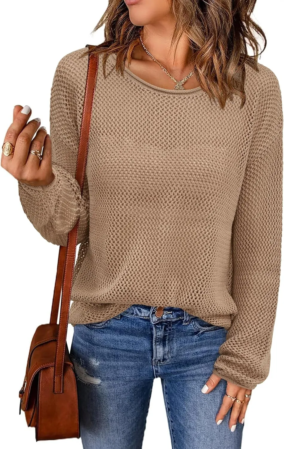 Arach&Cloz 2025 Womens Crochet Tops Wool Blended Sweaters Lightweight Long Sleeve Crew Neck Spring Fashion Knit Outfits
