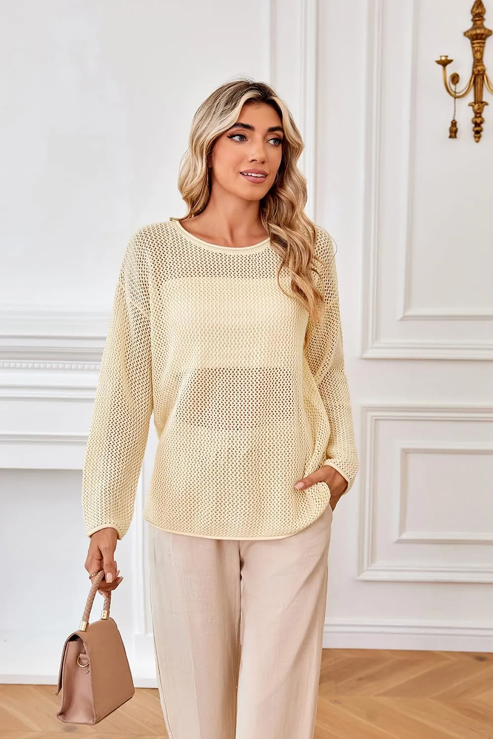 Arach&Cloz 2025 Womens Crochet Tops Wool Blended Sweaters Lightweight Long Sleeve Crew Neck Spring Fashion Knit Outfits