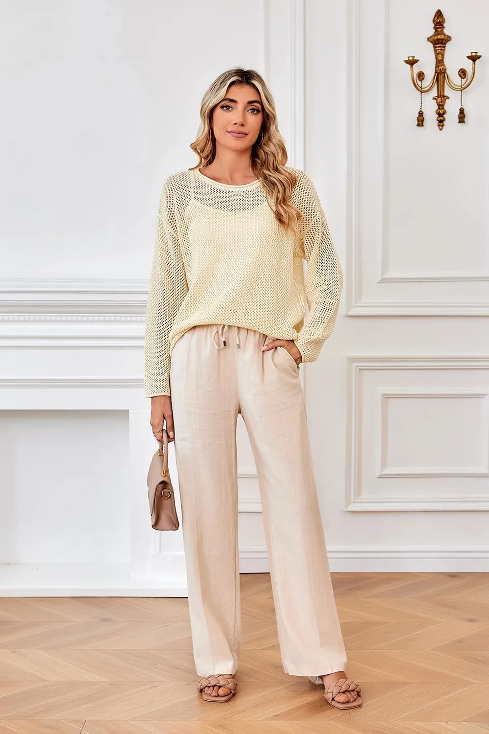 Arach&Cloz 2025 Womens Crochet Tops Wool Blended Sweaters Lightweight Long Sleeve Crew Neck Spring Fashion Knit Outfits