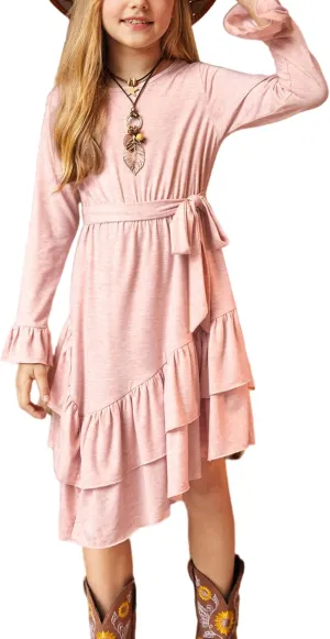 Arshiner Girls Dresses Loose Plain Casual Ruffle Swing Midi Dress with Belt for 5-14 Years