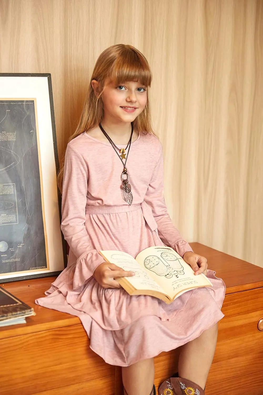 Arshiner Girls Dresses Loose Plain Casual Ruffle Swing Midi Dress with Belt for 5-14 Years