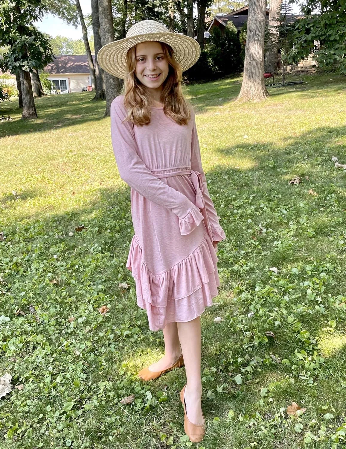 Arshiner Girls Dresses Loose Plain Casual Ruffle Swing Midi Dress with Belt for 5-14 Years