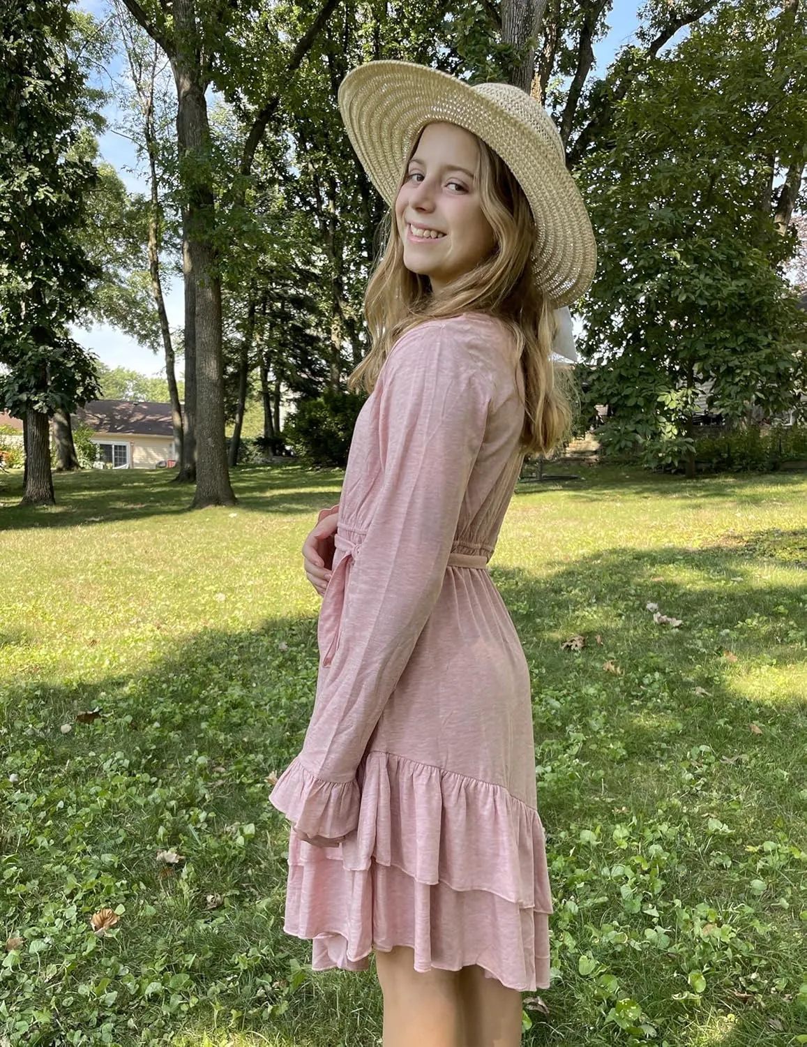 Arshiner Girls Dresses Loose Plain Casual Ruffle Swing Midi Dress with Belt for 5-14 Years