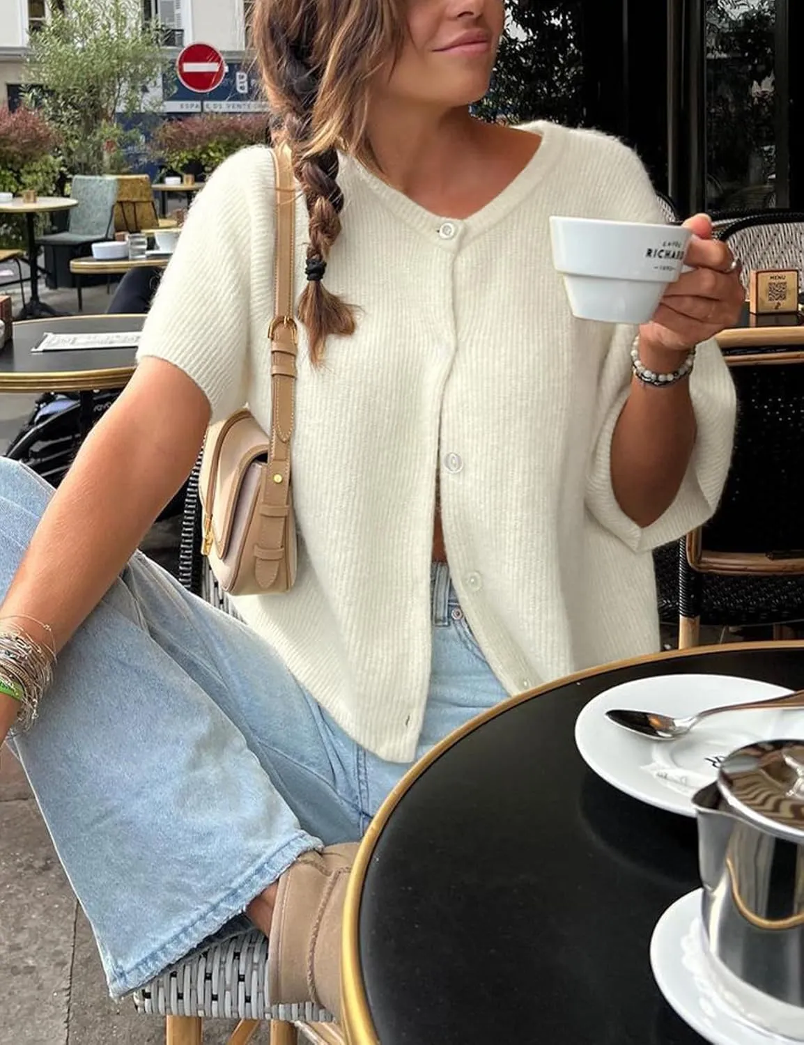 Arssm Women's Knitted Crop Cardigan Y2k Short Sleeve Button Down Cardigan Shirt Ribbed Knit Solid Color Lightweight Outwear