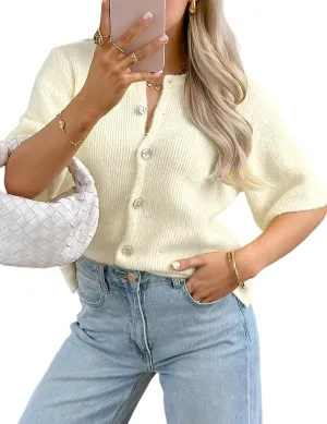 Arssm Women's Knitted Crop Cardigan Y2k Short Sleeve Button Down Cardigan Shirt Ribbed Knit Solid Color Lightweight Outwear