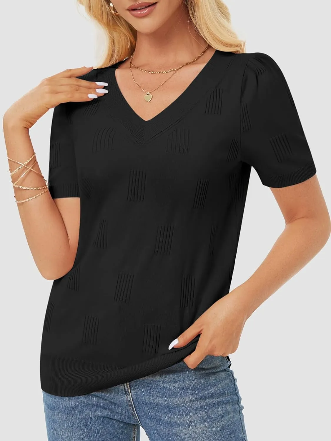 ATHMILE Summer Tops for Women 2025 Short Sleeve V Neck Sweaters Dressy Casual Blouses Lightweight Thin Knit Fashion Shirts