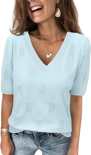 ATHMILE Summer Tops for Women 2025 Short Sleeve V Neck Sweaters Dressy Casual Blouses Lightweight Thin Knit Fashion Shirts