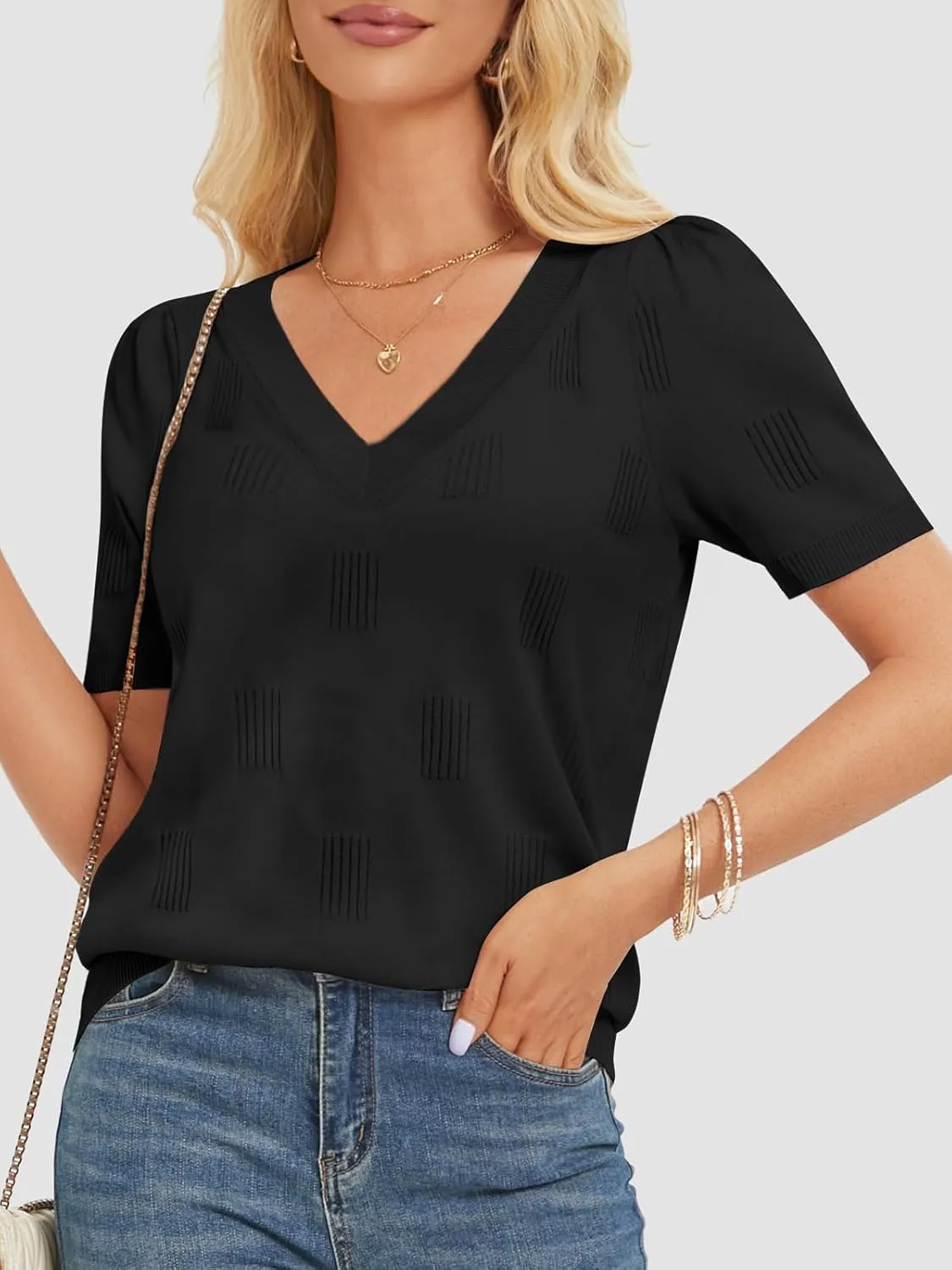 ATHMILE Summer Tops for Women 2025 Short Sleeve V Neck Sweaters Dressy Casual Blouses Lightweight Thin Knit Fashion Shirts