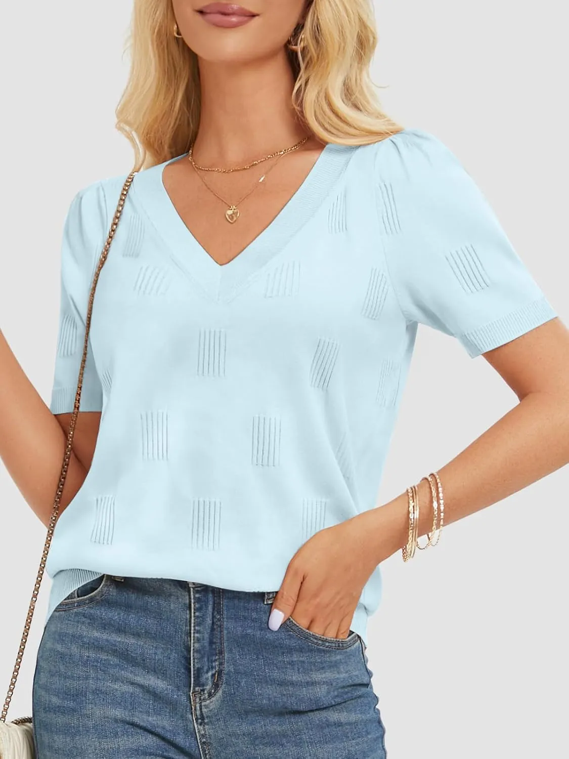 ATHMILE Summer Tops for Women 2025 Short Sleeve V Neck Sweaters Dressy Casual Blouses Lightweight Thin Knit Fashion Shirts