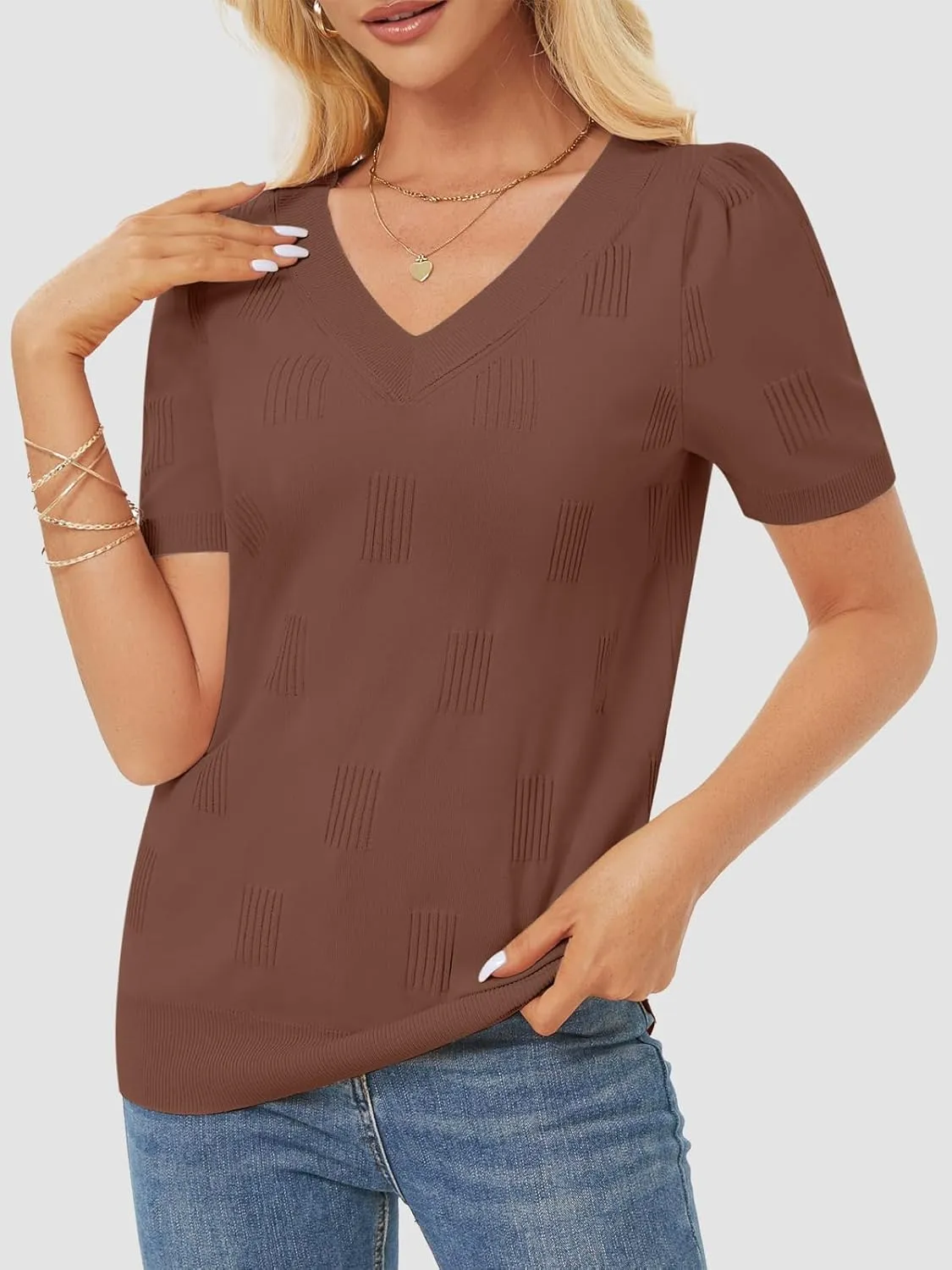 ATHMILE Summer Tops for Women 2025 Short Sleeve V Neck Sweaters Dressy Casual Blouses Lightweight Thin Knit Fashion Shirts