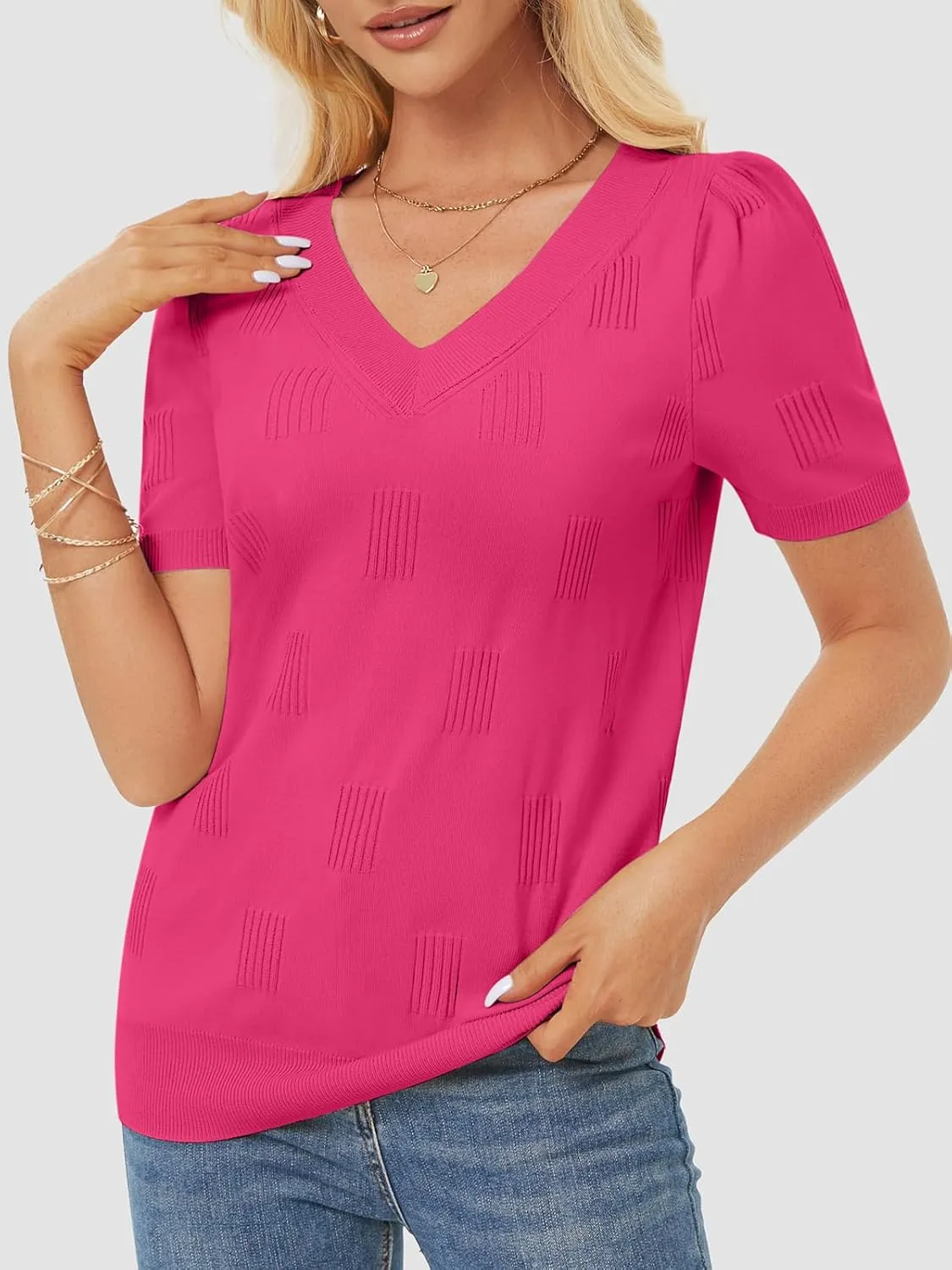 ATHMILE Summer Tops for Women 2025 Short Sleeve V Neck Sweaters Dressy Casual Blouses Lightweight Thin Knit Fashion Shirts