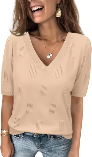 ATHMILE Summer Tops for Women 2025 Short Sleeve V Neck Sweaters Dressy Casual Blouses Lightweight Thin Knit Fashion Shirts