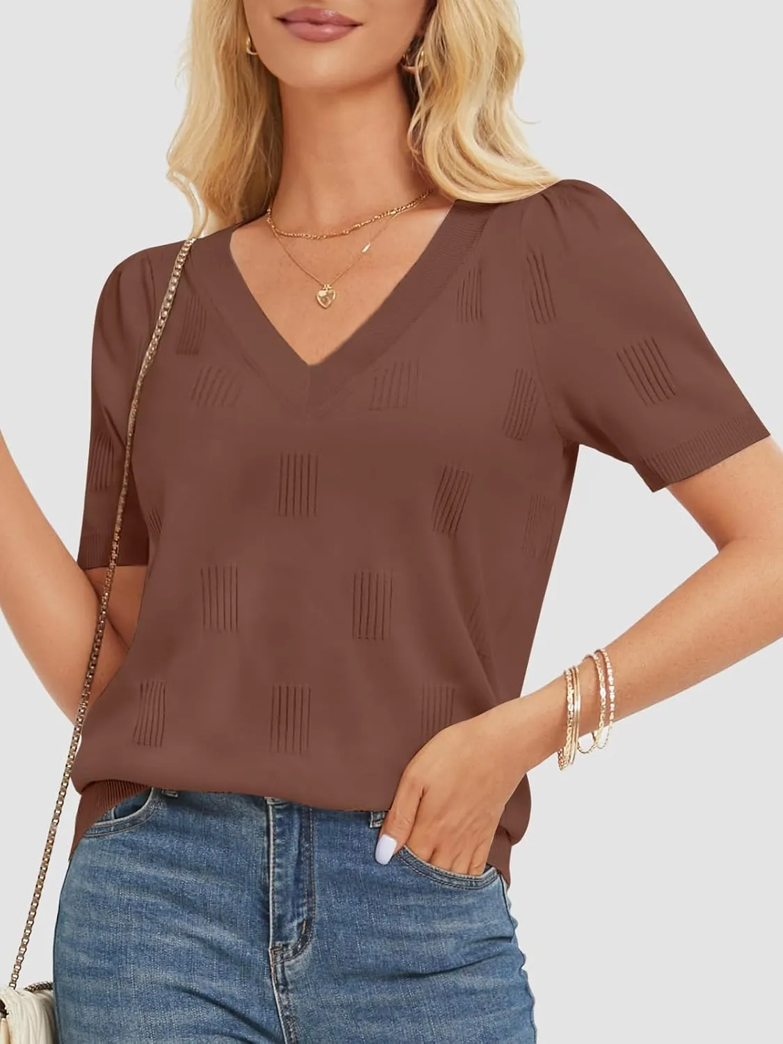 ATHMILE Summer Tops for Women 2025 Short Sleeve V Neck Sweaters Dressy Casual Blouses Lightweight Thin Knit Fashion Shirts