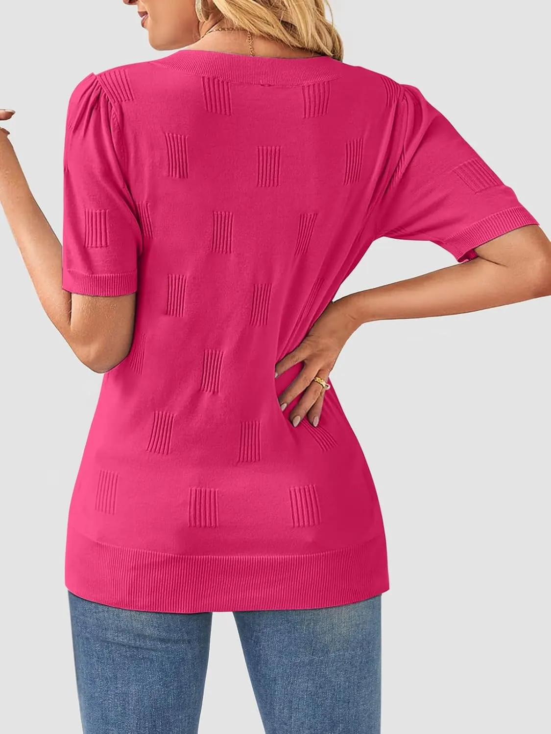 ATHMILE Summer Tops for Women 2025 Short Sleeve V Neck Sweaters Dressy Casual Blouses Lightweight Thin Knit Fashion Shirts