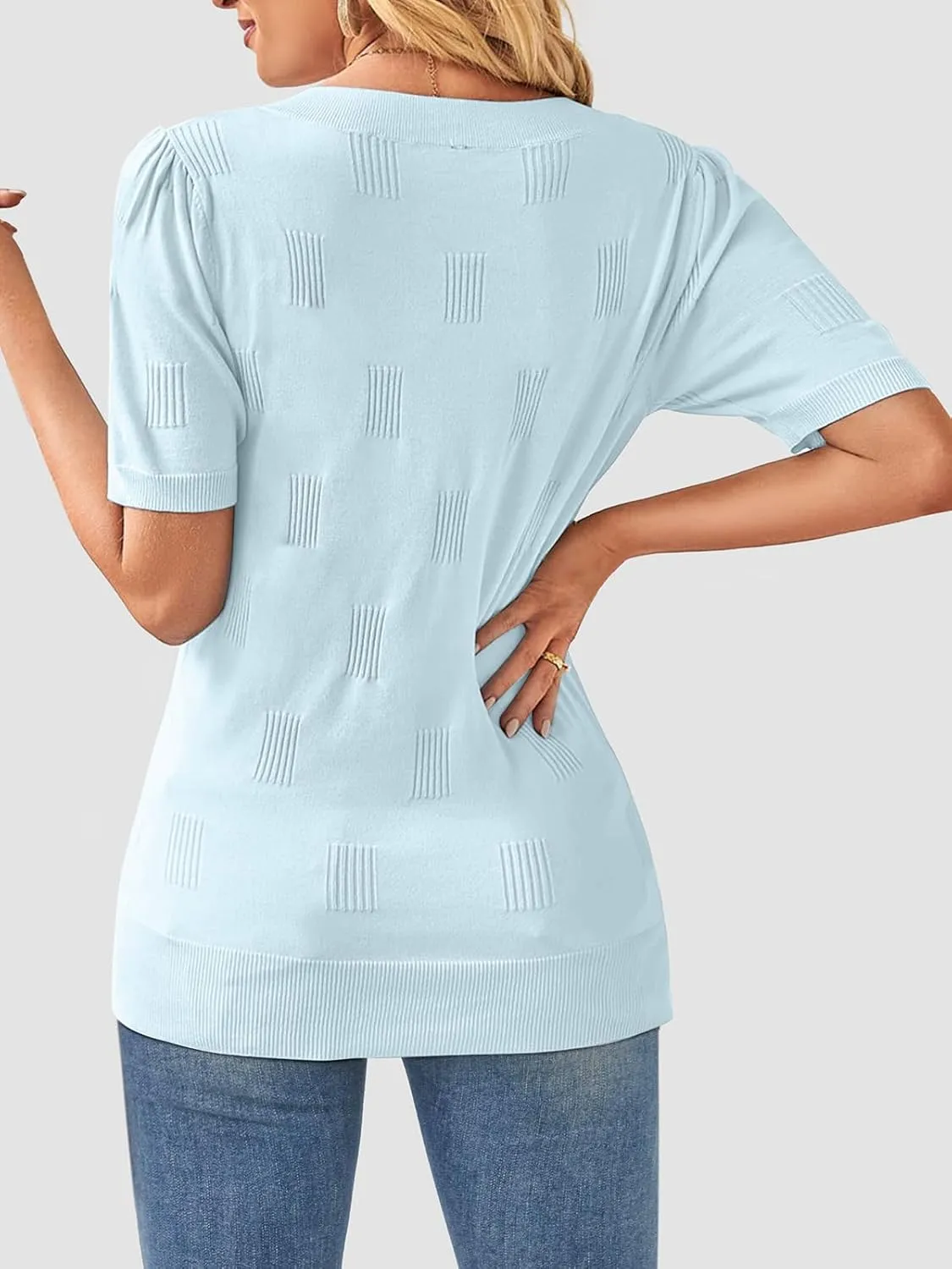 ATHMILE Summer Tops for Women 2025 Short Sleeve V Neck Sweaters Dressy Casual Blouses Lightweight Thin Knit Fashion Shirts