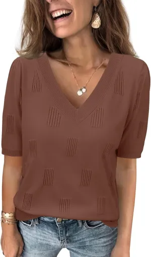 ATHMILE Summer Tops for Women 2025 Short Sleeve V Neck Sweaters Dressy Casual Blouses Lightweight Thin Knit Fashion Shirts