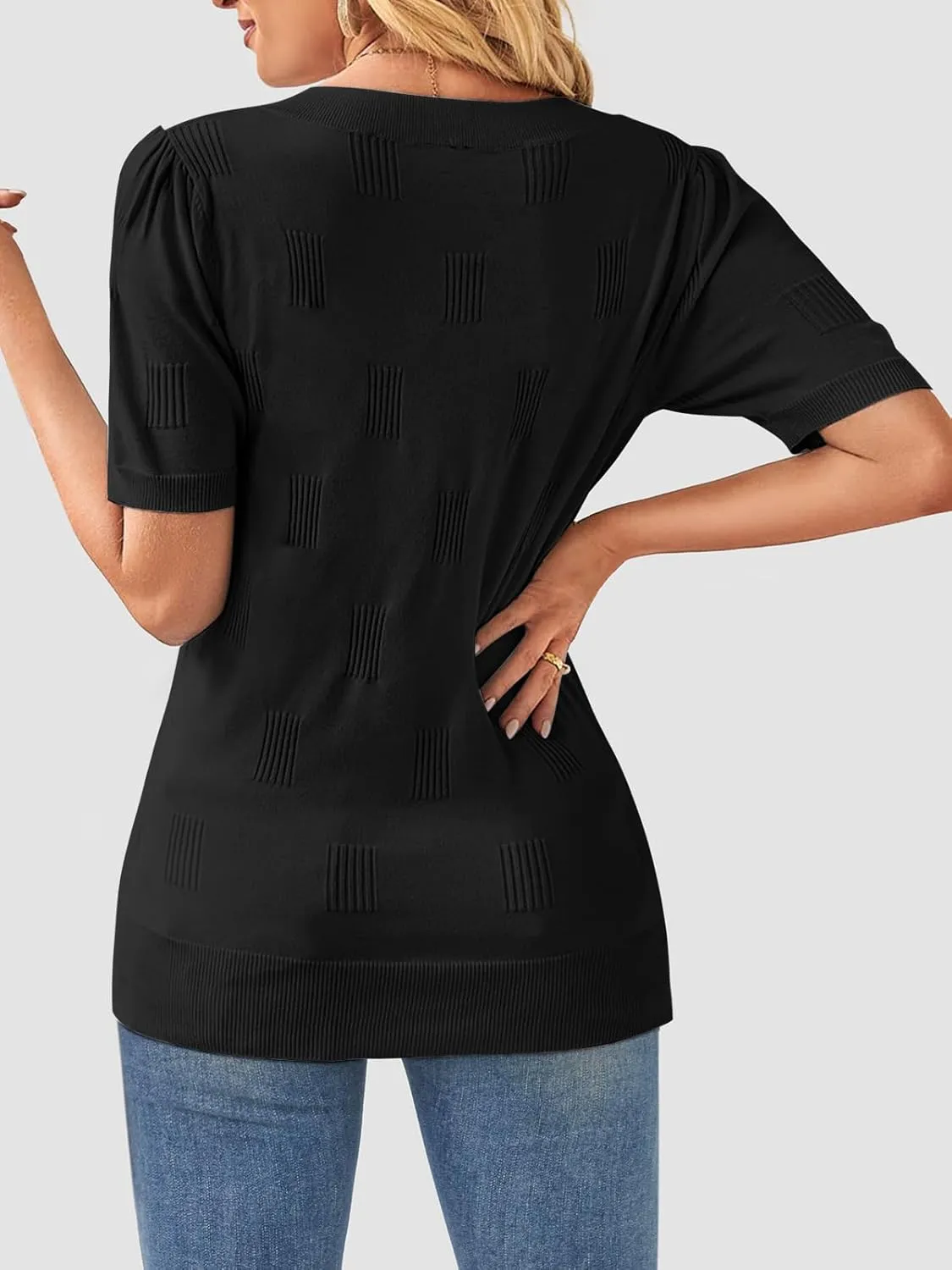 ATHMILE Summer Tops for Women 2025 Short Sleeve V Neck Sweaters Dressy Casual Blouses Lightweight Thin Knit Fashion Shirts