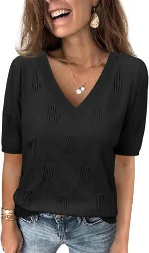 ATHMILE Summer Tops for Women 2025 Short Sleeve V Neck Sweaters Dressy Casual Blouses Lightweight Thin Knit Fashion Shirts