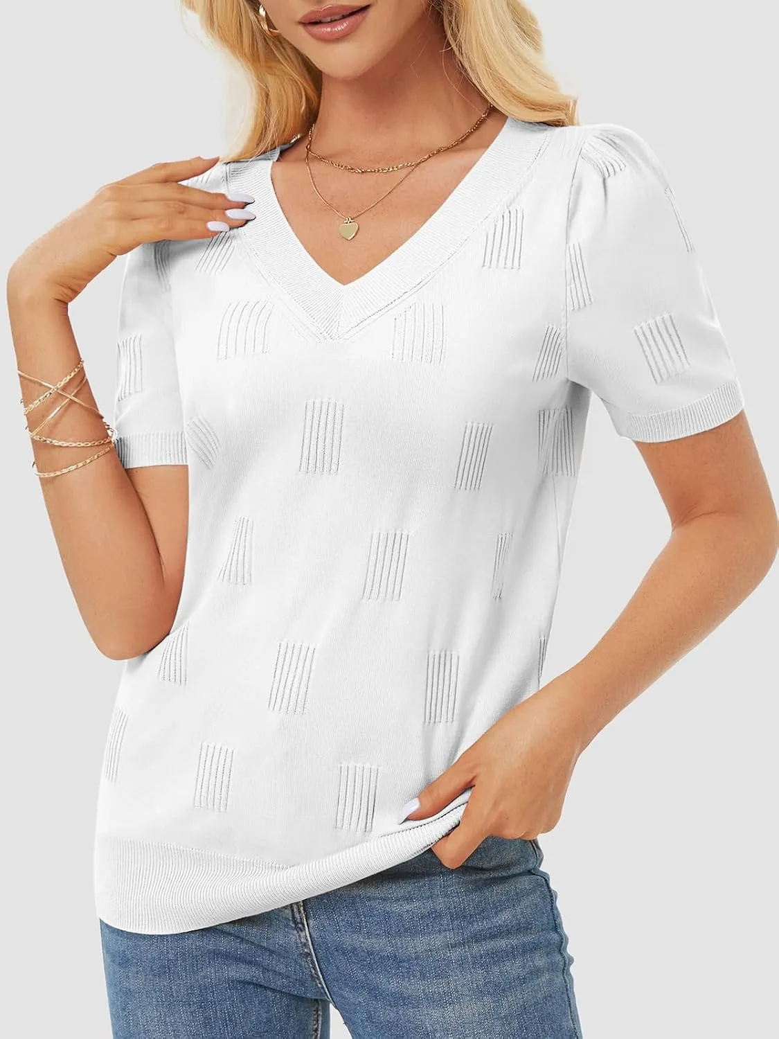 ATHMILE Summer Tops for Women 2025 Short Sleeve V Neck Sweaters Dressy Casual Blouses Lightweight Thin Knit Fashion Shirts