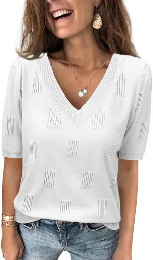 ATHMILE Summer Tops for Women 2025 Short Sleeve V Neck Sweaters Dressy Casual Blouses Lightweight Thin Knit Fashion Shirts