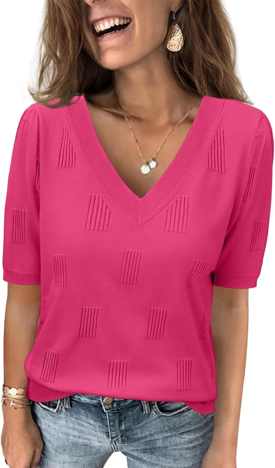 ATHMILE Summer Tops for Women 2025 Short Sleeve V Neck Sweaters Dressy Casual Blouses Lightweight Thin Knit Fashion Shirts