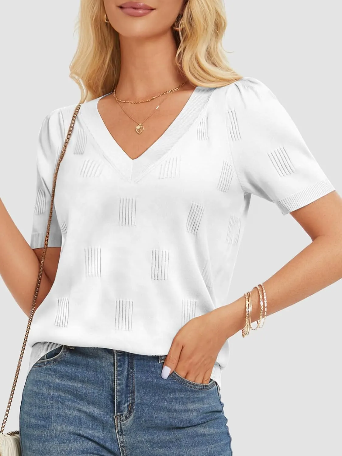 ATHMILE Summer Tops for Women 2025 Short Sleeve V Neck Sweaters Dressy Casual Blouses Lightweight Thin Knit Fashion Shirts
