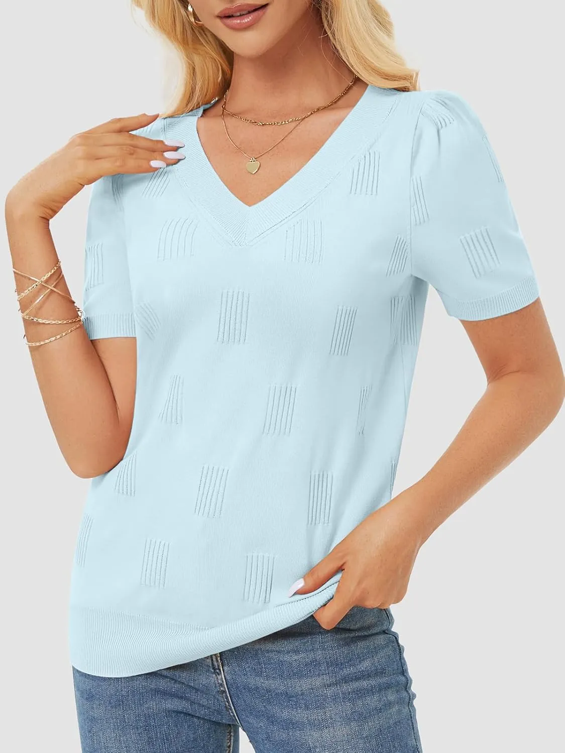 ATHMILE Summer Tops for Women 2025 Short Sleeve V Neck Sweaters Dressy Casual Blouses Lightweight Thin Knit Fashion Shirts