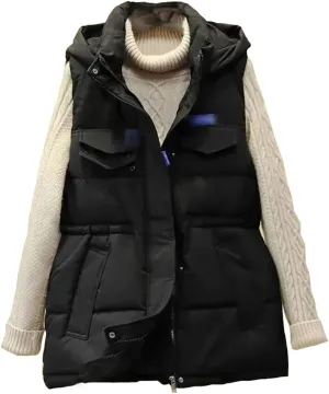 Autumn Winter Women Solid Loose Vest Drawstring Hooded Vest Jacket Cotton Padded Warm Waistcoat
