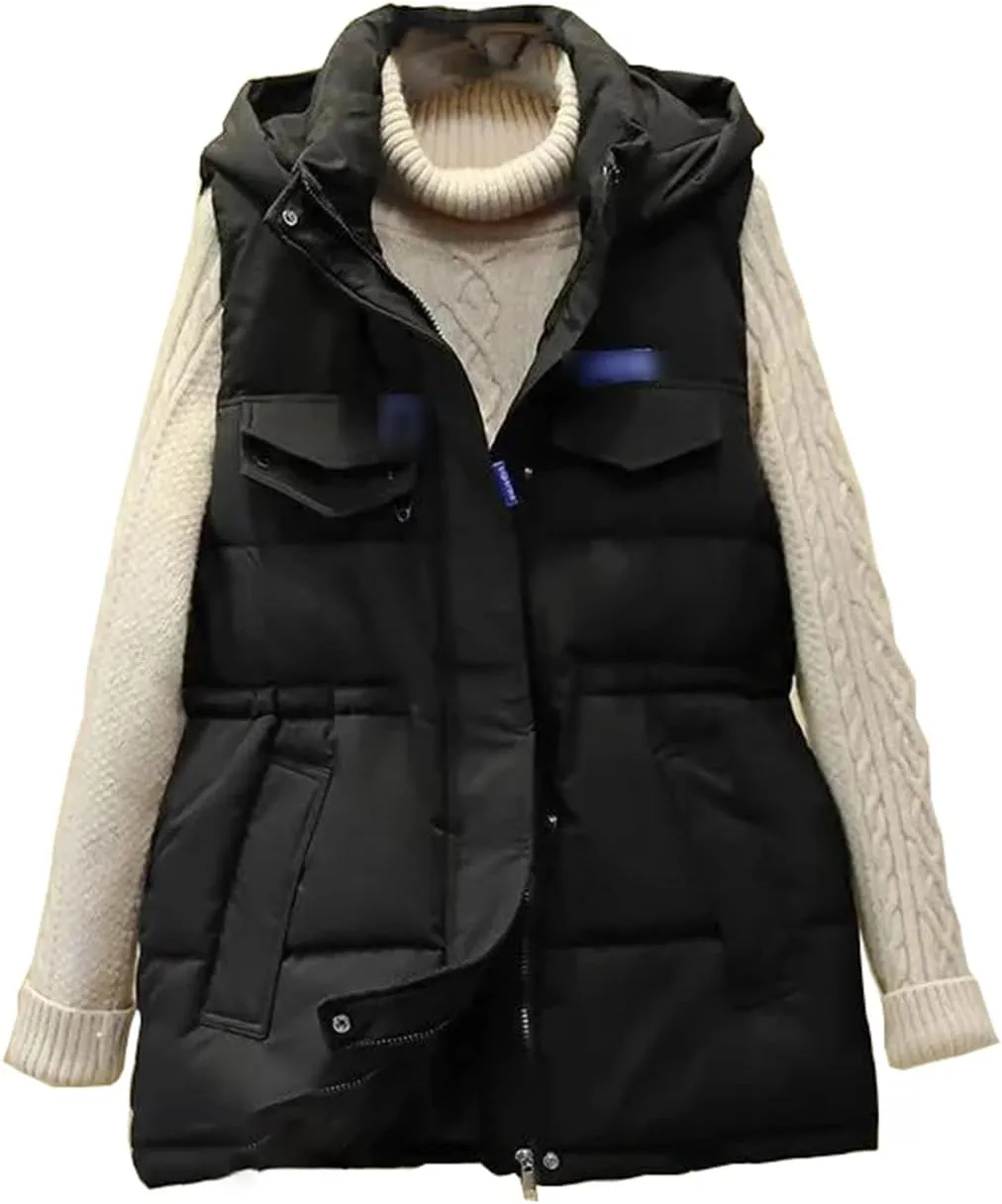 Autumn Winter Women Solid Loose Vest Drawstring Hooded Vest Jacket Cotton Padded Warm Waistcoat