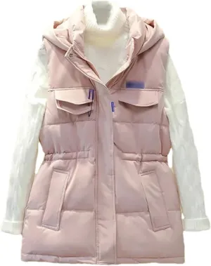 Autumn Winter Women Solid Loose Vest Drawstring Hooded Vest Jacket Cotton Padded Warm Waistcoat