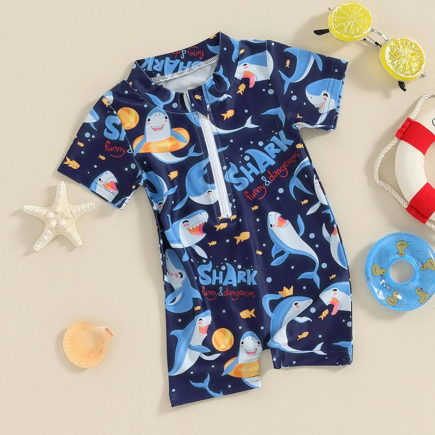 Baby Boy One Piece Swimsuit Shark Short Sleeve Zipper Rash Guard Swimwear Toddler Beach Bathing Suit Sunsuit