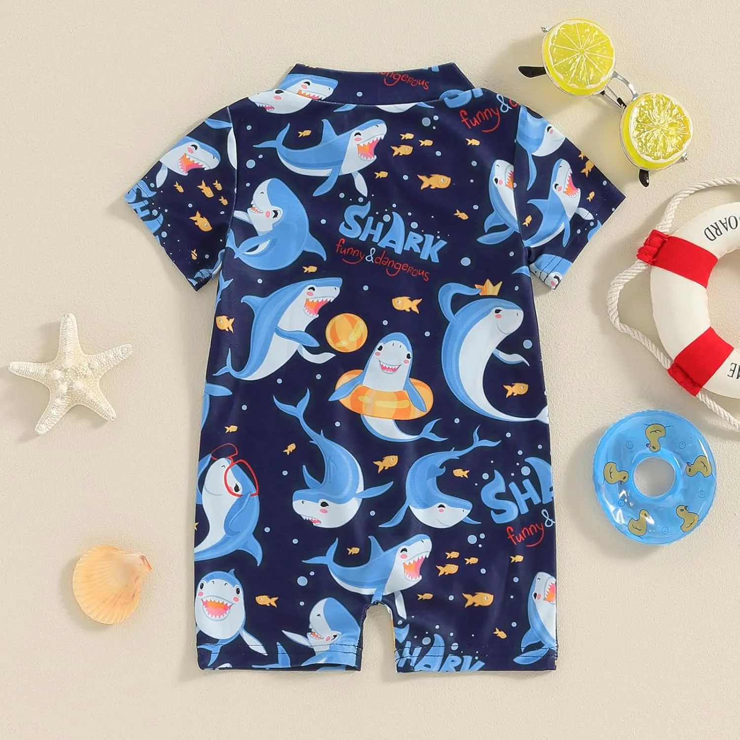 Baby Boy One Piece Swimsuit Shark Short Sleeve Zipper Rash Guard Swimwear Toddler Beach Bathing Suit Sunsuit