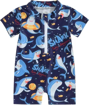 Baby Boy One Piece Swimsuit Shark Short Sleeve Zipper Rash Guard Swimwear Toddler Beach Bathing Suit Sunsuit