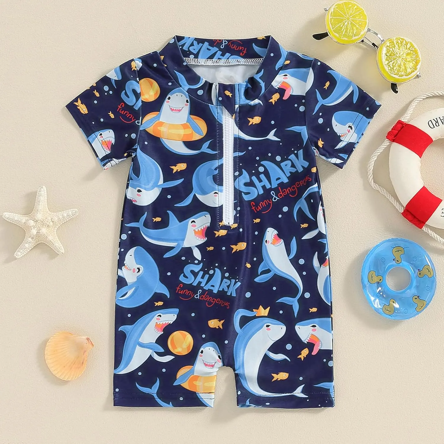 Baby Boy One Piece Swimsuit Shark Short Sleeve Zipper Rash Guard Swimwear Toddler Beach Bathing Suit Sunsuit