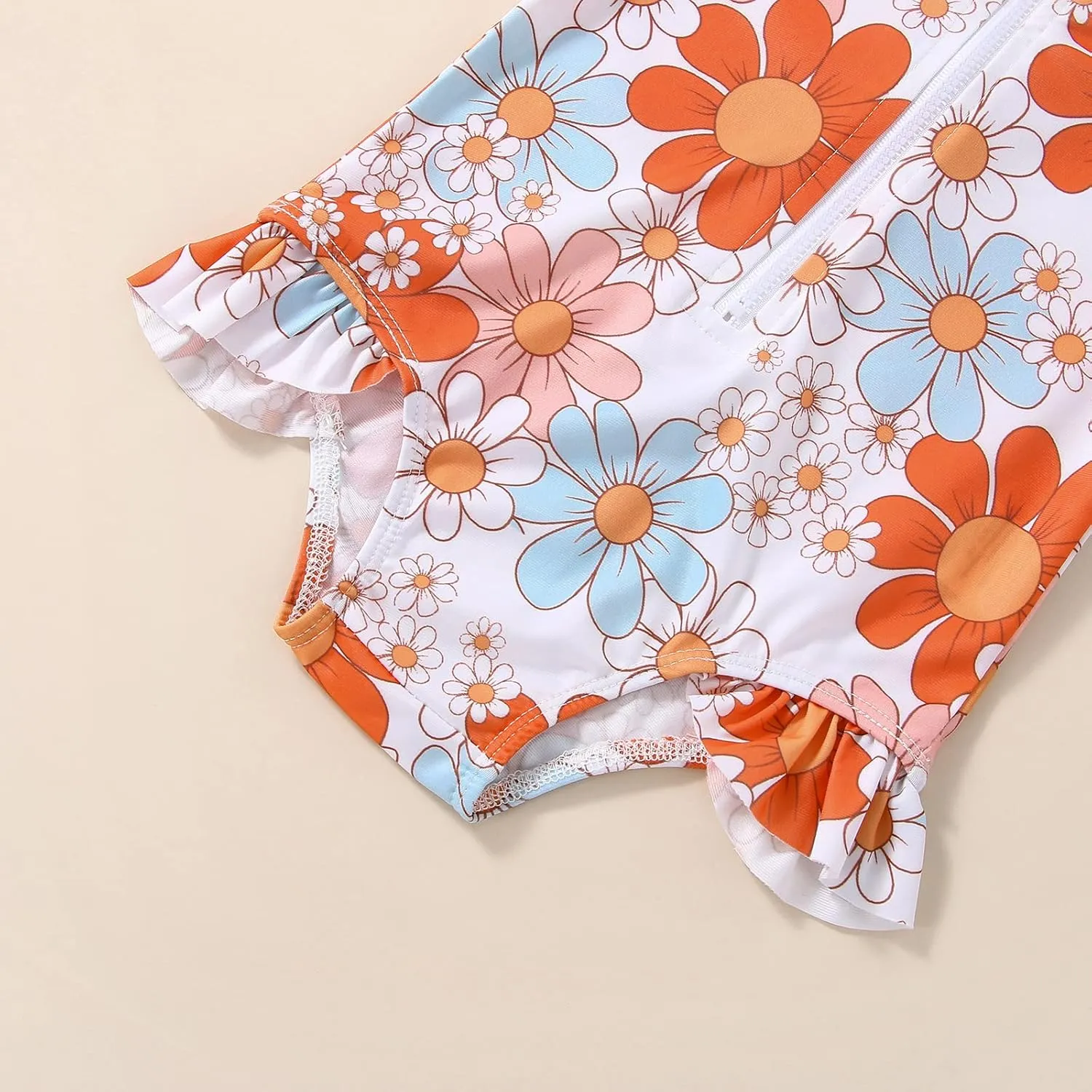 Baby Girl One Piece Swimsuit Floral Long Sleeve Zipper Ruffle Swimwear Rash Guard Beach Bathing Suit Sunsuit