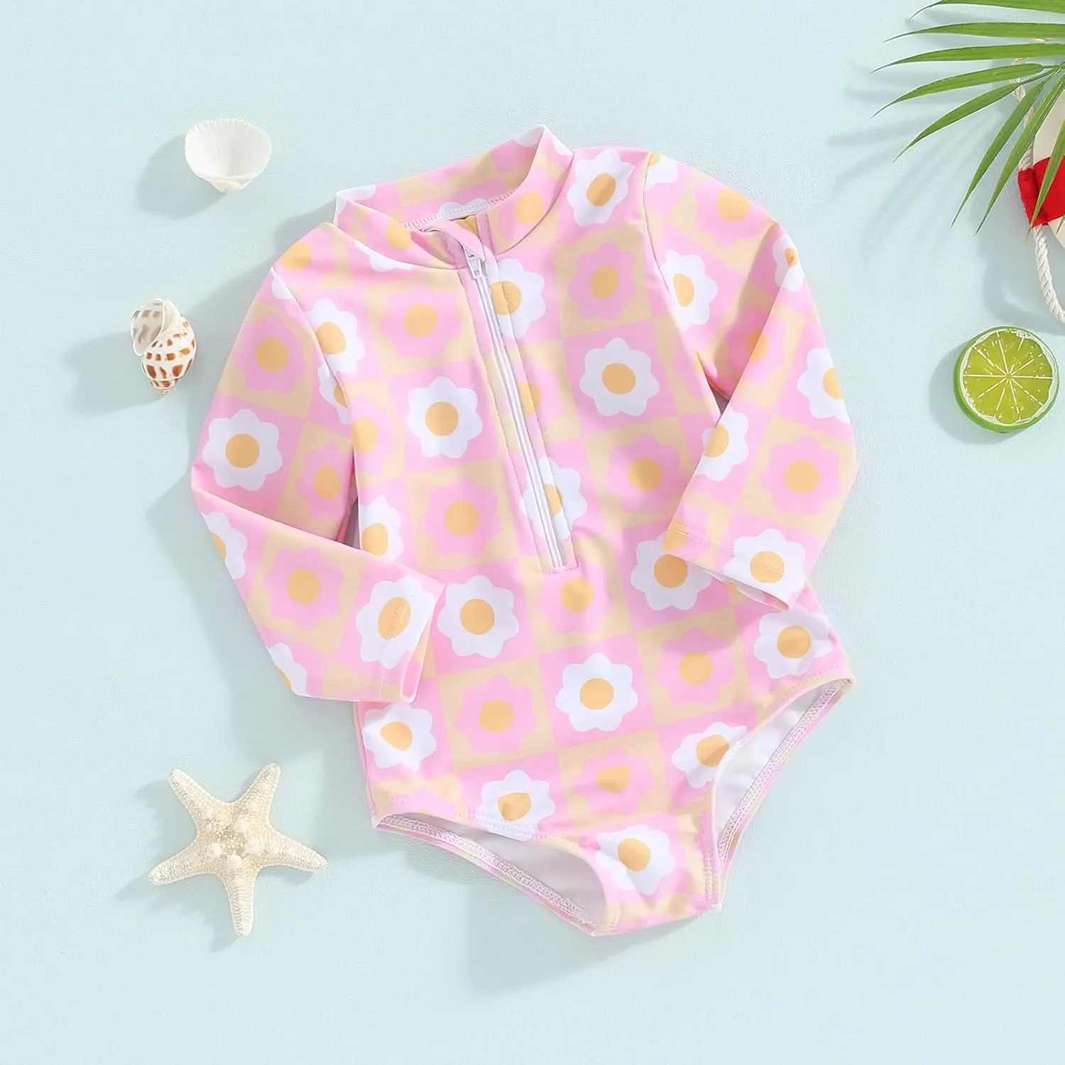 Baby Girl One Piece Swimsuit Floral Long Sleeve Zipper Ruffle Swimwear Rash Guard Beach Bathing Suit Sunsuit