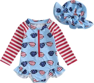 Baby Girl One Piece Swimsuit Floral Long Sleeve Zipper Ruffle Swimwear Rash Guard Beach Bathing Suit Sunsuit