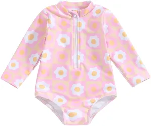 Baby Girl One Piece Swimsuit Floral Long Sleeve Zipper Ruffle Swimwear Rash Guard Beach Bathing Suit Sunsuit