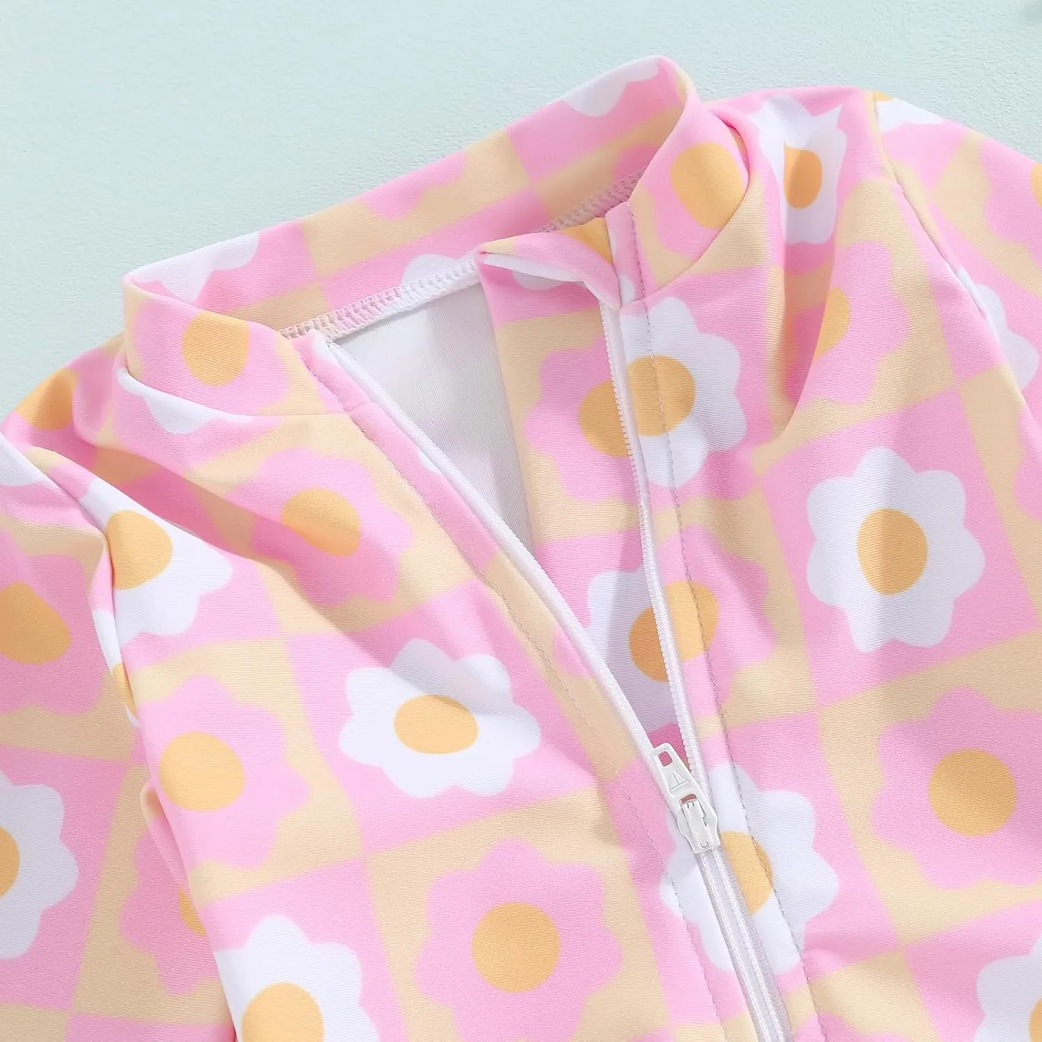 Baby Girl One Piece Swimsuit Floral Long Sleeve Zipper Ruffle Swimwear Rash Guard Beach Bathing Suit Sunsuit