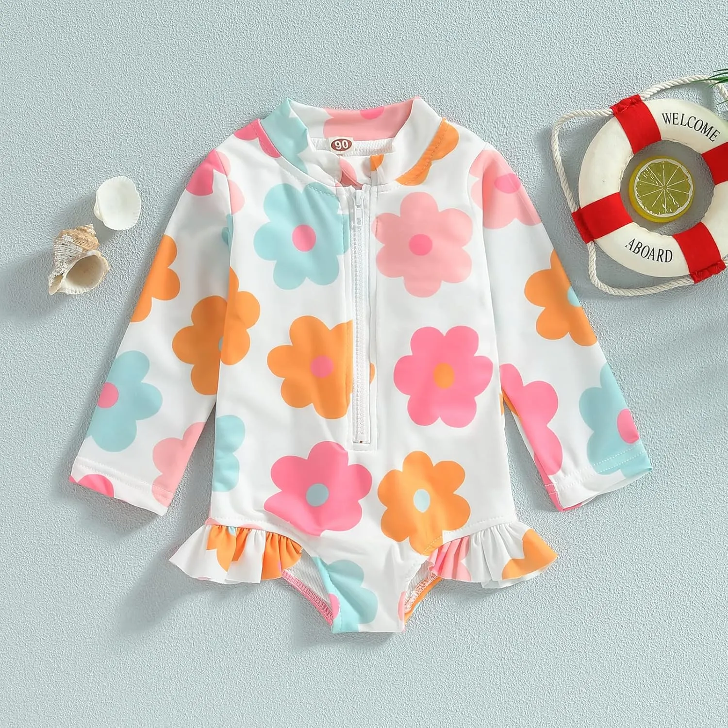Baby Girl One Piece Swimsuit Floral Long Sleeve Zipper Ruffle Swimwear Rash Guard Beach Bathing Suit Sunsuit