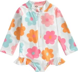 Baby Girl One Piece Swimsuit Floral Long Sleeve Zipper Ruffle Swimwear Rash Guard Beach Bathing Suit Sunsuit