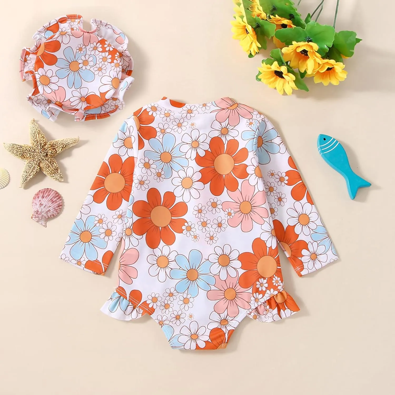 Baby Girl One Piece Swimsuit Floral Long Sleeve Zipper Ruffle Swimwear Rash Guard Beach Bathing Suit Sunsuit