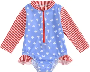 Baby Girl One Piece Swimsuit Floral Long Sleeve Zipper Ruffle Swimwear Rash Guard Beach Bathing Suit Sunsuit