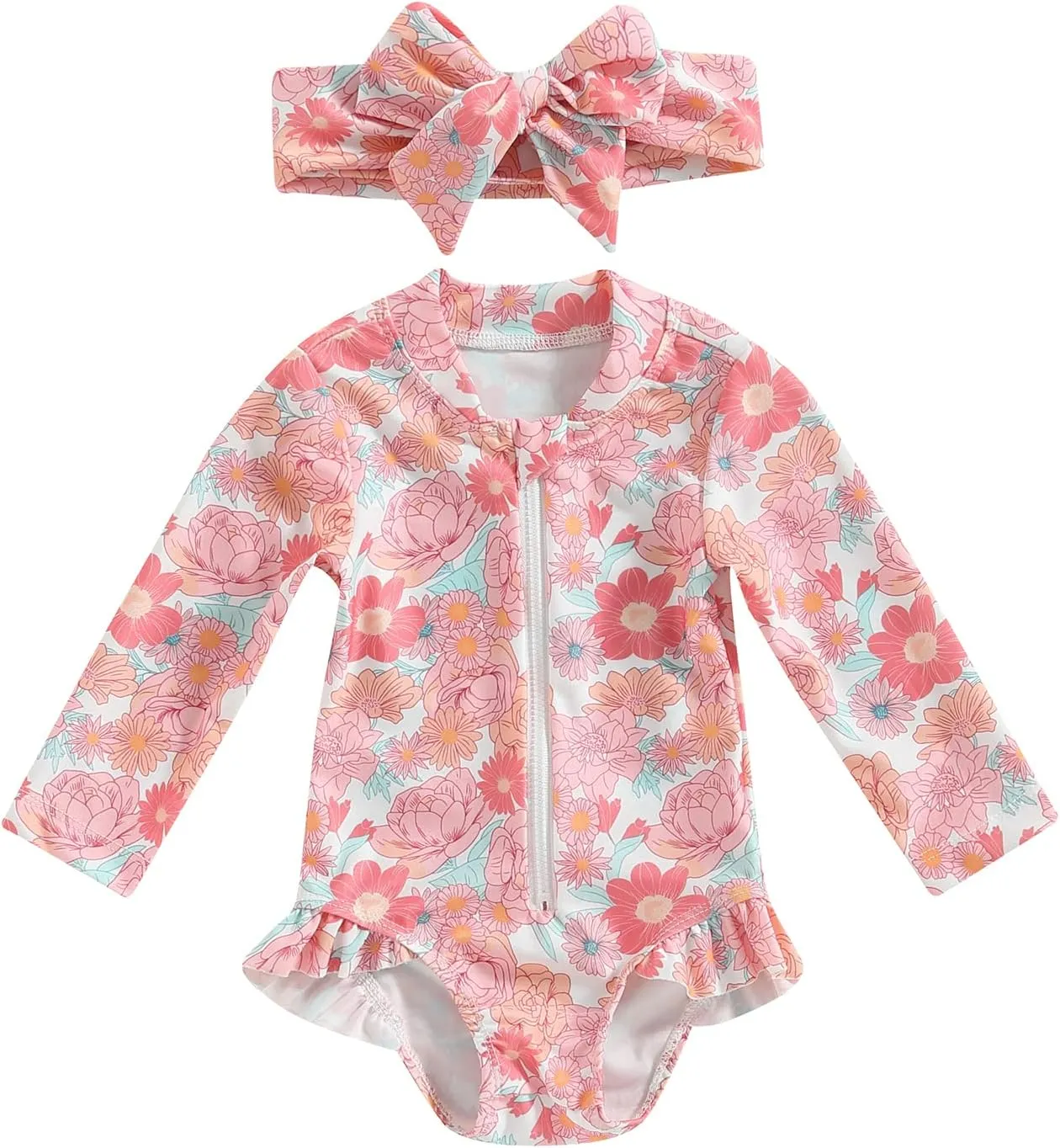 Baby Girl One Piece Swimsuit Floral Long Sleeve Zipper Ruffle Swimwear Rash Guard Beach Bathing Suit Sunsuit