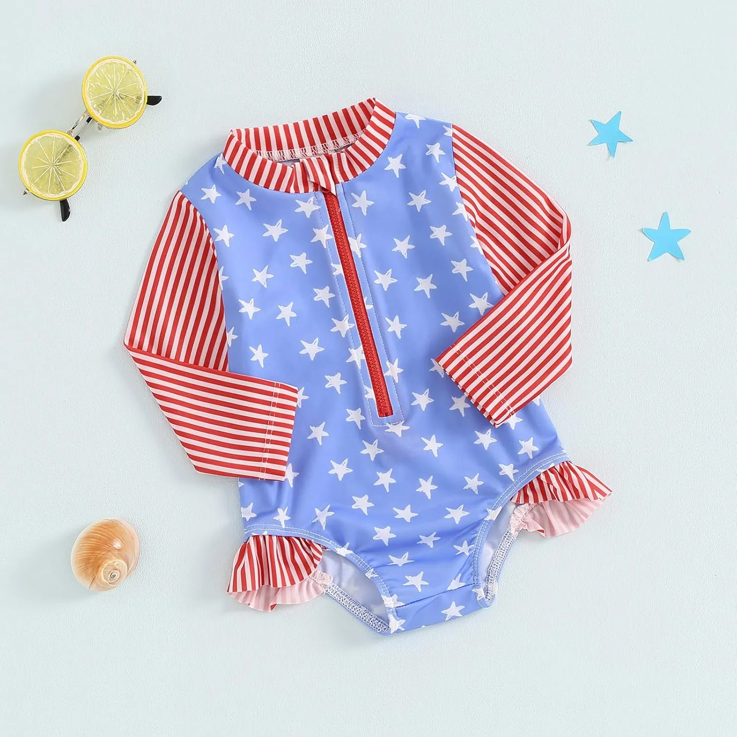 Baby Girl One Piece Swimsuit Floral Long Sleeve Zipper Ruffle Swimwear Rash Guard Beach Bathing Suit Sunsuit