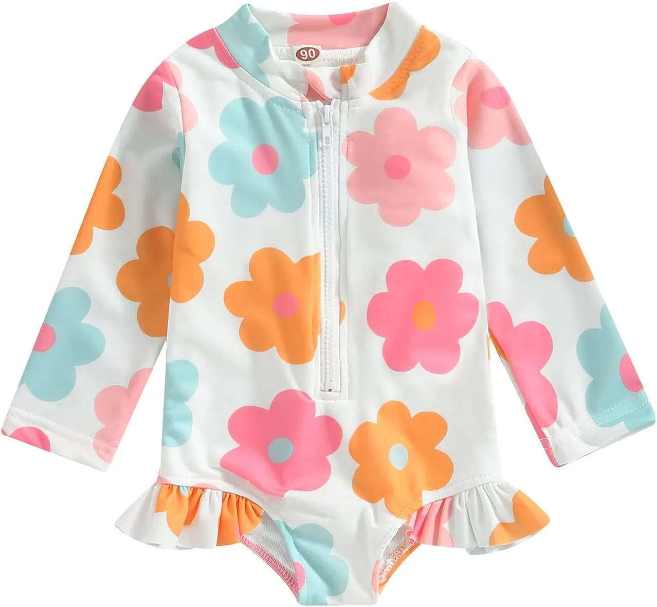 Baby Girl One Piece Swimsuit Floral Long Sleeve Zipper Ruffle Swimwear Rash Guard Beach Bathing Suit Sunsuit