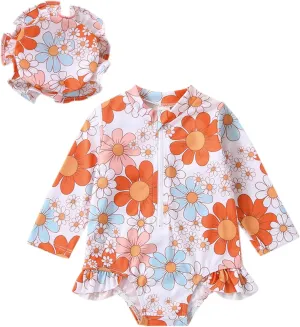Baby Girl One Piece Swimsuit Floral Long Sleeve Zipper Ruffle Swimwear Rash Guard Beach Bathing Suit Sunsuit