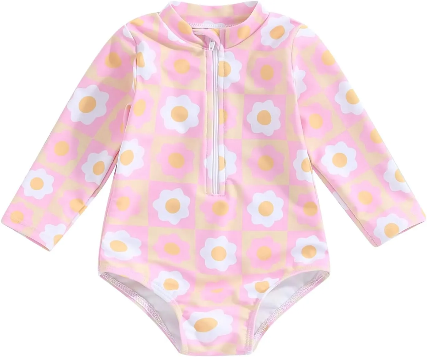 Baby Girl One Piece Swimsuit Floral Long Sleeve Zipper Ruffle Swimwear Rash Guard Beach Bathing Suit Sunsuit