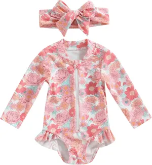 Baby Girl One Piece Swimsuit Floral Long Sleeve Zipper Ruffle Swimwear Rash Guard Beach Bathing Suit Sunsuit